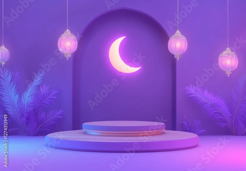 Wallpaper Mural Platform and moon with lanterns glow. Festive, magical purple background scene Torontodigital.ca