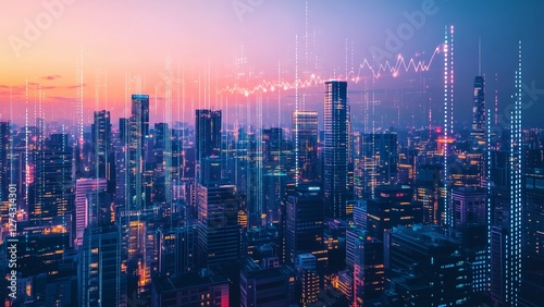 futuristic city skyline with digital data graphs floating above, symbolizing urban economic growth and smart technology
