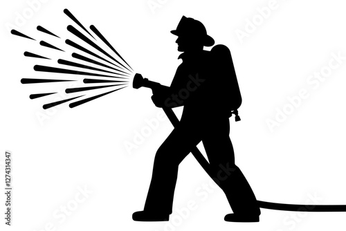Silhouette of firefighter spraying water with hose vector illustration