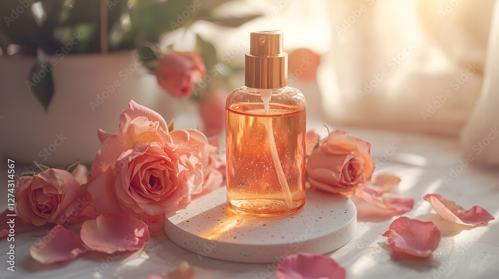 Aromatic spritz bottle with rose essence, surrounded by pale pink roses and soft, diffused sunlight. Aromatic spritz bottle with rose essence, surrounded by pale pink roses and soft, diffused sunlight.