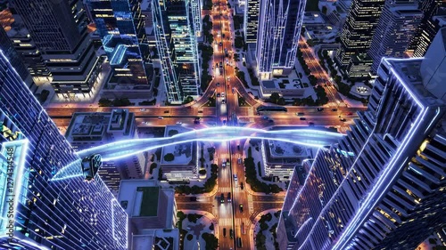 Wallpaper Mural A futuristic aerial view of a bustling city at night with glowing highways and light trails from moving vehicles. Concept of smart urban mobility and technology Torontodigital.ca