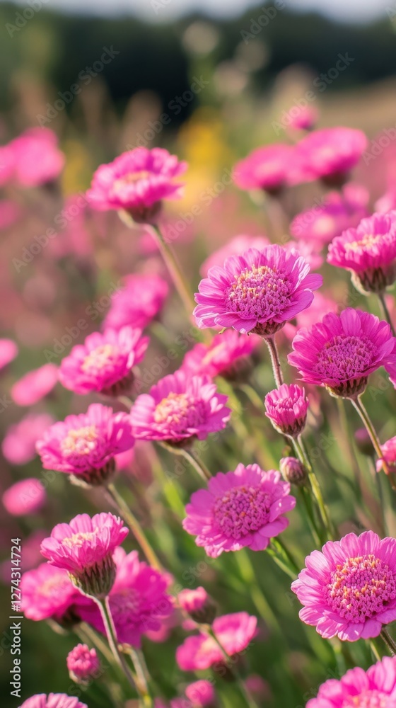 Captivating field of vibrant pink marguerite flowers in full bloom bathed in soft sunlight creating a dreamy and romantic atmosphere with shallow depth of field Captivating field of vibrant pink marguerite flowers in full bloom bathed in soft sunlight creating a dreamy and romantic atmosphere with shallow depth of field
