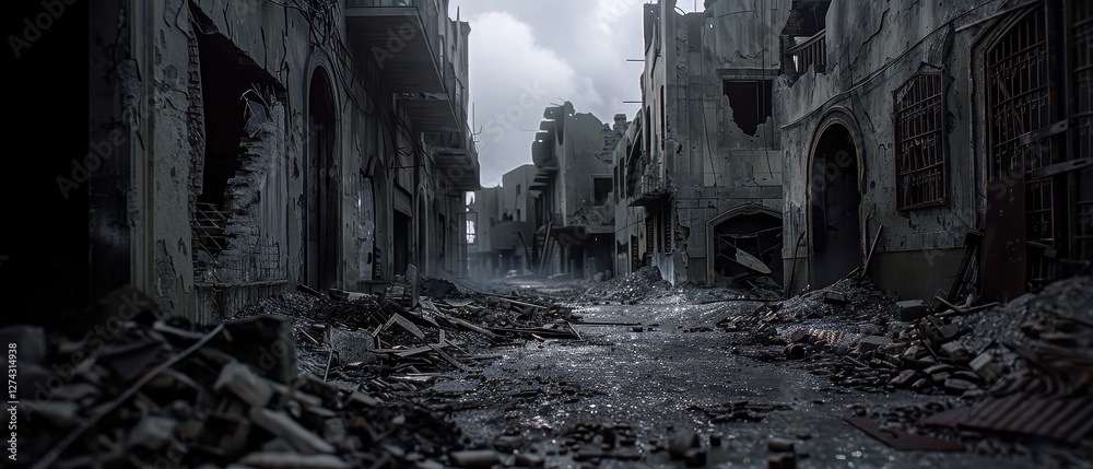 Fototapeta premium Destroyed urban landscape with ruined buildings and debris on the streets