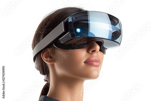 A business professional wearing VR glasses, confidently presenting a new virtual reality concep photo