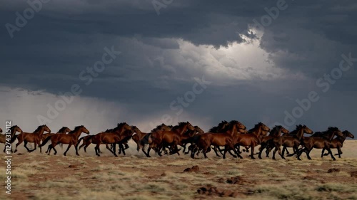 Dramatic video still of wild horses galloping across a vast plain under a stormy sky, captured from a low-angle perspective, emphasizing their power.