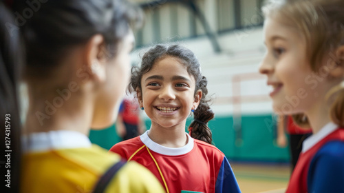 Schoolchildren in sports uniforms chatting in school gym after practice.