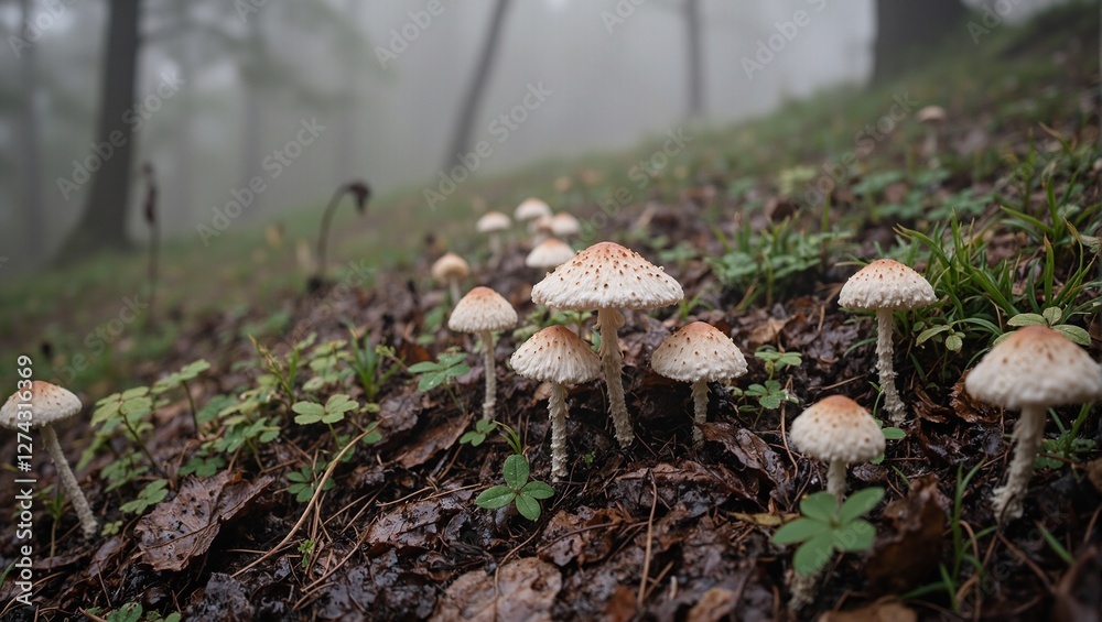 Fototapeta premium Wild mushrooms growing on damp soil surrounded by wet leaves and grass mist drifting through forest