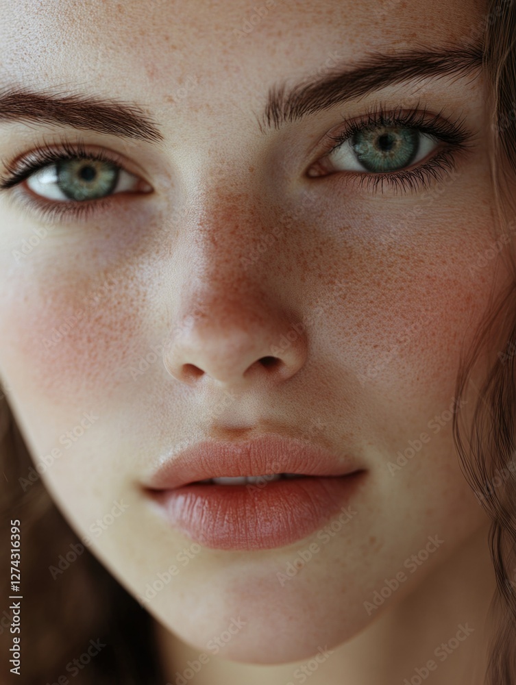 Close-up of a woman with expressive eyes, rosy cheeks, and light freckles. Close-up of a woman with expressive eyes, rosy cheeks, and light freckles.