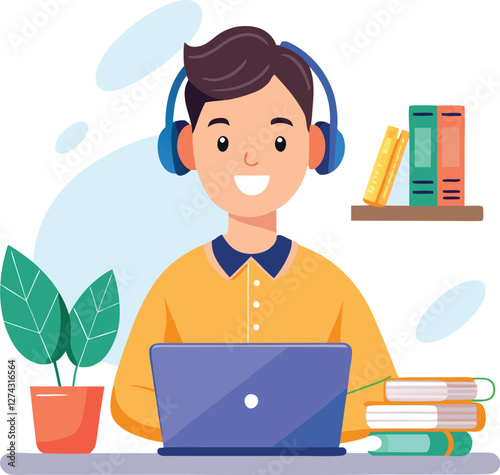 man in headphones, studying at laptop. Happy female student watching business webinar. Video conference call, remote work communication. Flat vector illustration isolated on white background