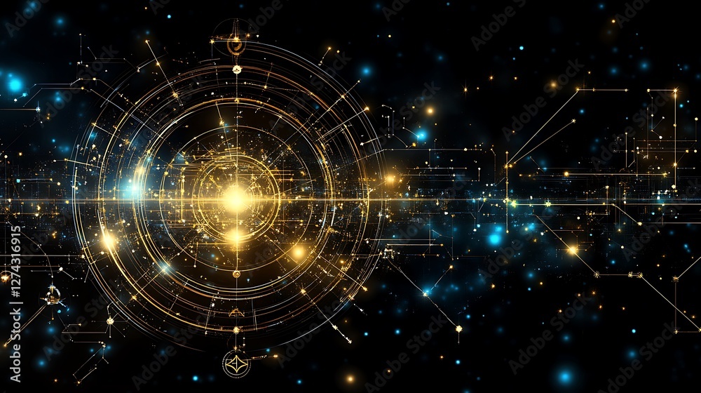 Fototapeta premium Digital Universe Visualization with Stars, Lights, and Geometric Patterns in Cosmic Background