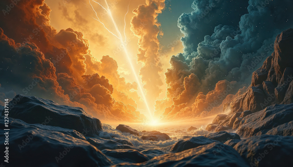 Fototapeta premium Dramatic landscape with turbulent clouds and lightning striking over a rocky shore at sunset