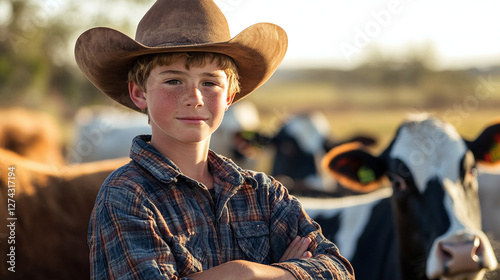 Young cowboy poses confidently with dairy cattle on sunny farm landscape in rural America