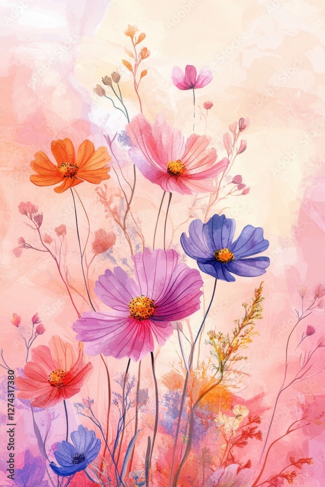 Obraz premium Watercolor Cosmos Flowers Painting in Pastel Shades of Pink Orange and Blue in a Floral Composition with a Dreamy Background
