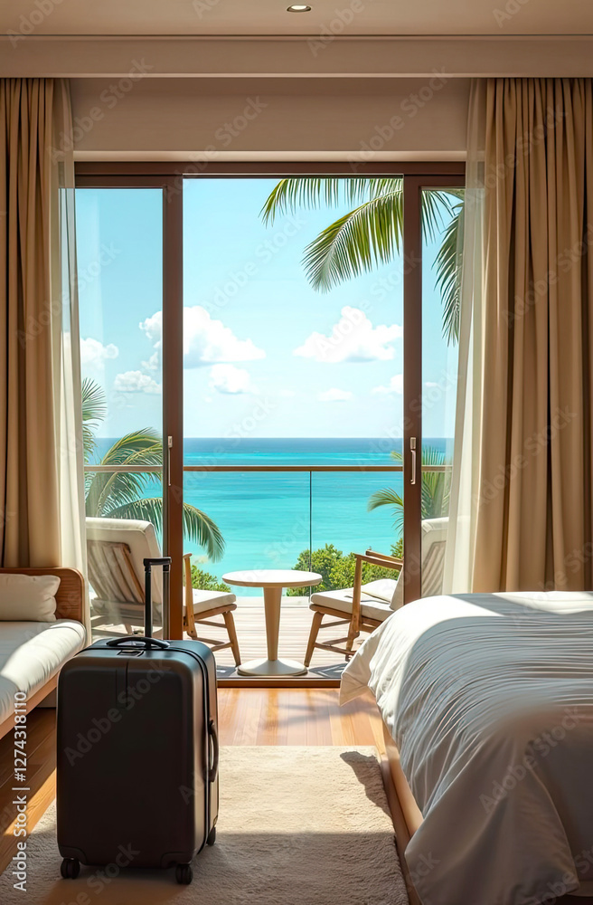 Obraz premium The interior of the hotel room with a view of the ocean for a beach holiday and travel.