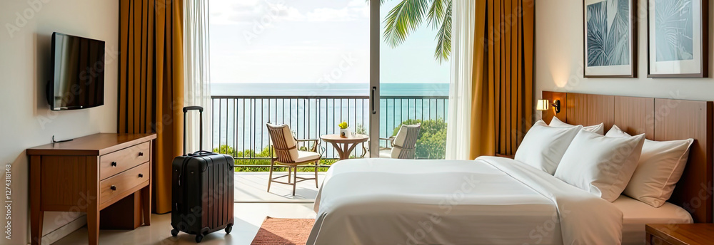 Obraz premium The interior of the hotel room with a view of the ocean for a beach holiday and travel. 