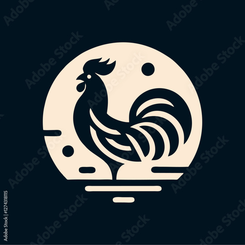 Silhouette of a rooster in front of a moon.