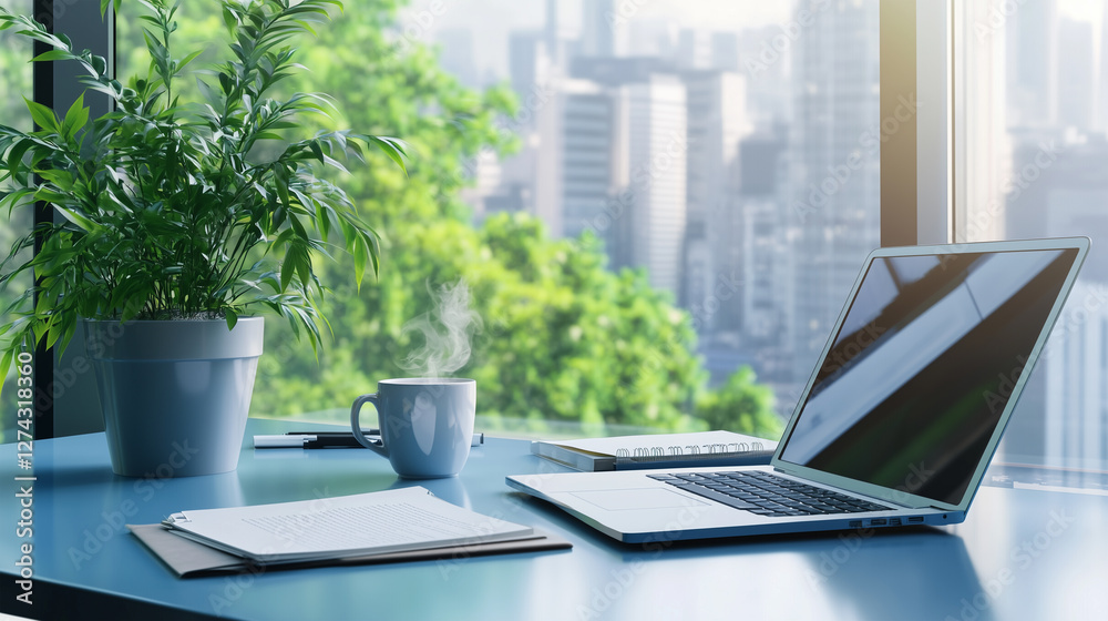 Fototapeta premium Modern Office Desk with Blue Glass, Laptop, Coffee, Plant, and City View