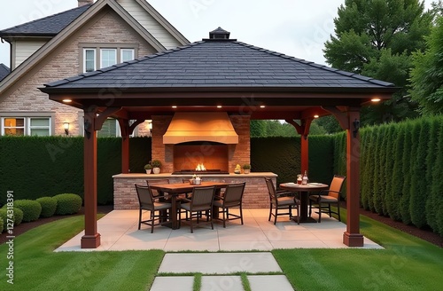 Gazebo with barbecue area in the courtyard of the house with barbecue, stove, table, roof