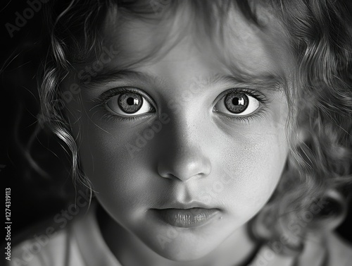 A young girl with expressive eyes, her curiosity is palpable as she gazes into the camera.