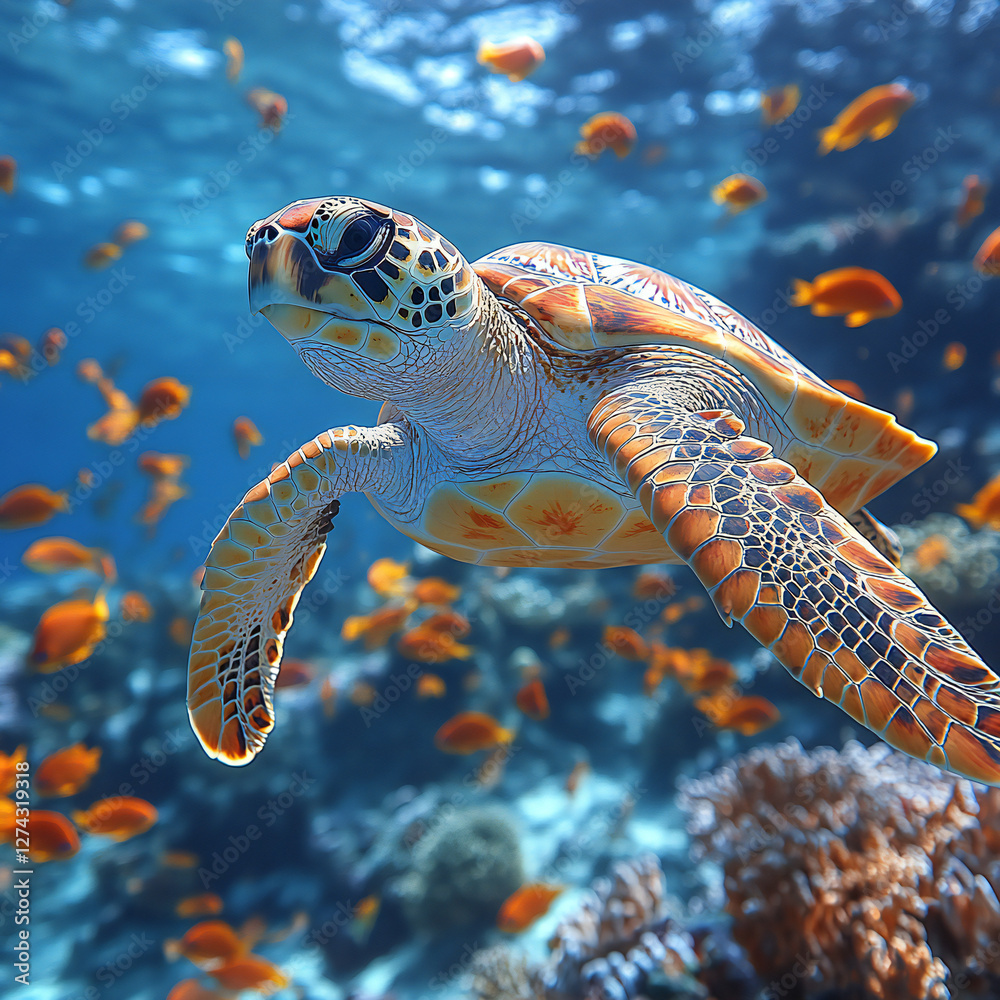 Fototapeta premium A peaceful underwater scene of a sea turtle gliding along a tropical coral reef, surrounded by colorful fish