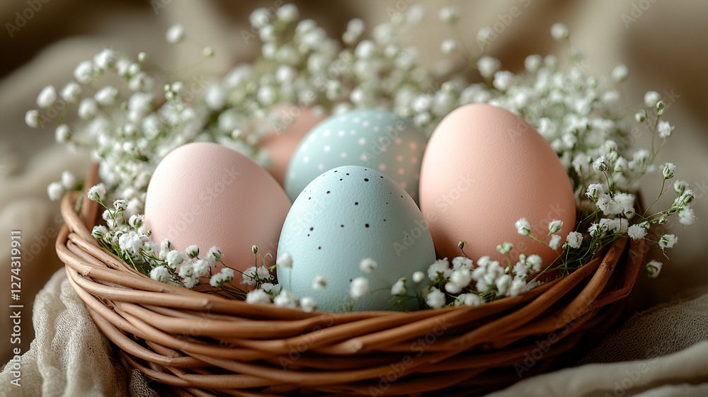Chicken Easter eggs nest with gypsophiles. An Easter card. Chicken Easter eggs nest with gypsophiles. An Easter card.