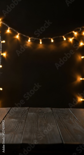 Wallpaper Mural Warm and inviting wooden table with a backdrop of glowing fairy lights in a cozy indoor space Torontodigital.ca