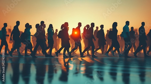 silhouetted people walking at sunset 