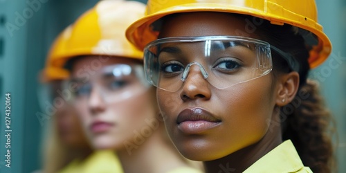 Group of individuals wearing safety goggles and hard hats, likely industrial workers or construction site personnel.