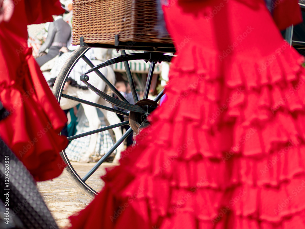 Naklejka premium Traditional flamenco dress and carriage wheel at fair