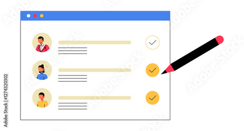 Online Recruitment Process With Candidate Selection In Flat Vector Illustration Symbolizing Hiring, HR Management, And Job Application, Isolated On White Background.