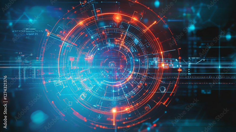 Fototapeta premium Futuristic Abstract Background with Circular Shapes and Bright Lines in Blue and Orange Tones