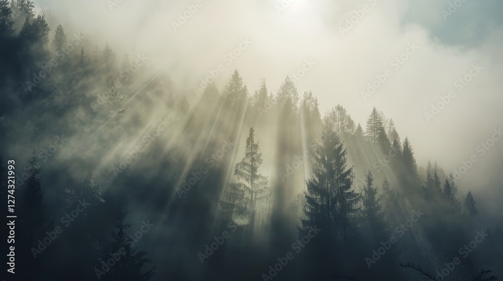 Sun Rays Breaking Through Mist in Mountain Forest Sun Rays Breaking Through Mist in Mountain Forest