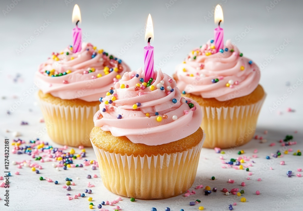 Delicious Pink Cupcakes with Candles and Colorful Sprinkles on a Festive Table for Celebrations and Special Occasions Delicious Pink Cupcakes with Candles and Colorful Sprinkles on a Festive Table for Celebrations and Special Occasions