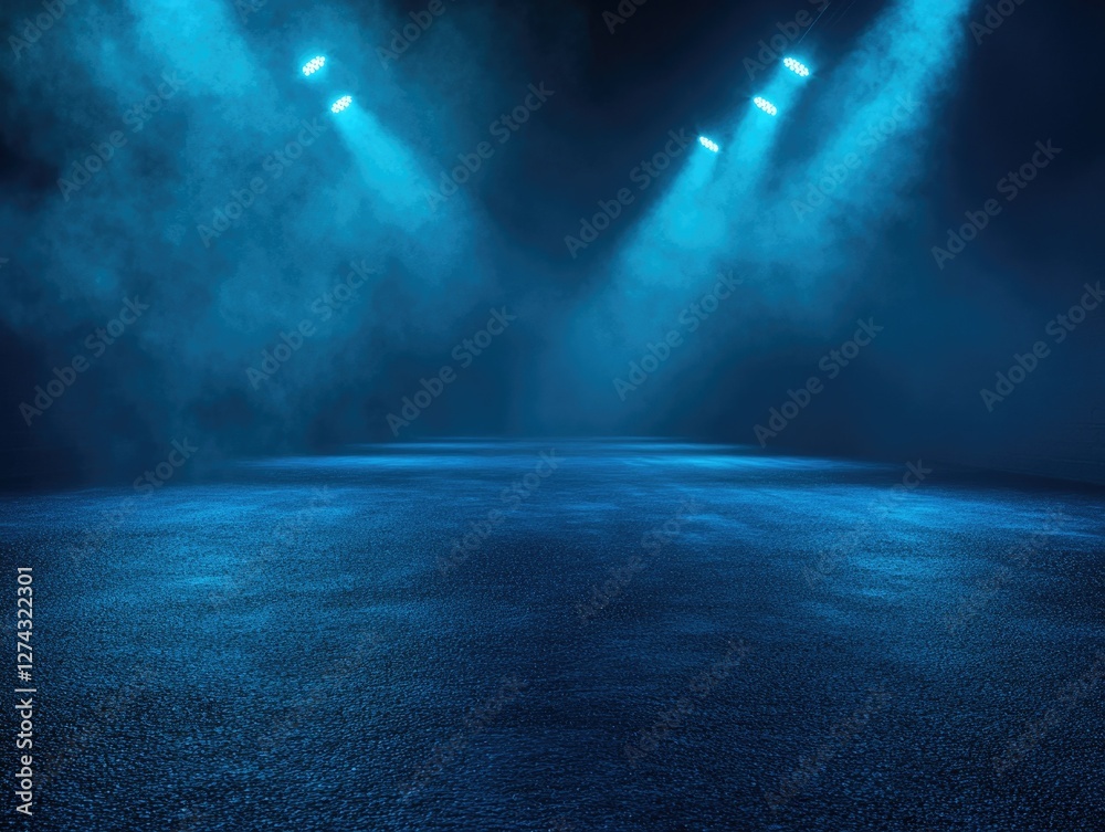Obraz premium A large, empty concert stage with blue lights and smoke effects emanating from the floor.