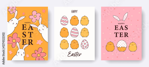 Happy Easter greeting card set with cute chicks, bunnies, egg shell. Abstract design for spring holiday. Vintage vector backgrounds in pastel colors for print, poster, banner, ads, cover, invitation