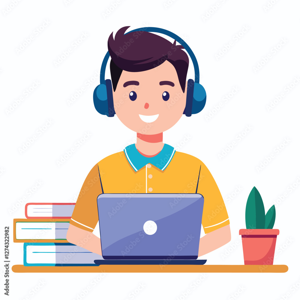 man in headphones, studying at laptop. Happy female student watching business webinar. Video conference call, remote work communication. Flat vector illustration isolated on white background man in headphones, studying at laptop. Happy female student watching business webinar. Video conference call, remote work communication. Flat vector illustration isolated on white background