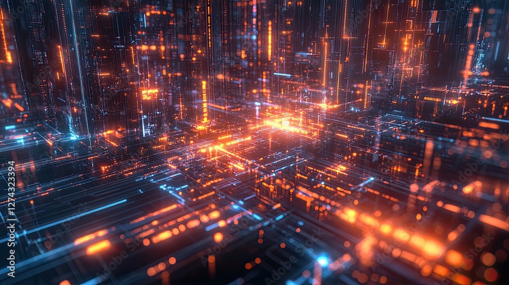 Naklejka premium A computer generated image of a cityscape with bright orange and blue lights