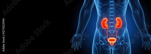 3D illustration of human kidney with copy space banner background.