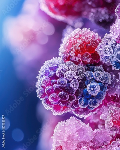 Frozen berries adorned with frost crystals capture the beauty of winter