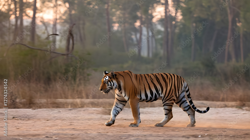 Fototapeta premium AI generative photo of a male great tiger walking through a nature habitat during the golden light time. The tiger is in a dry area with a warm summer in India.
