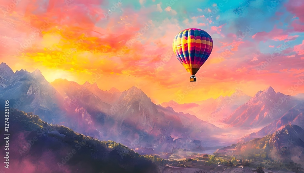 Obraz premium Colorful hot air balloon floating over mountains at sunrise, peaceful travel adventure scene, dreamy sky with golden light, nature exploration and wanderlust inspiration