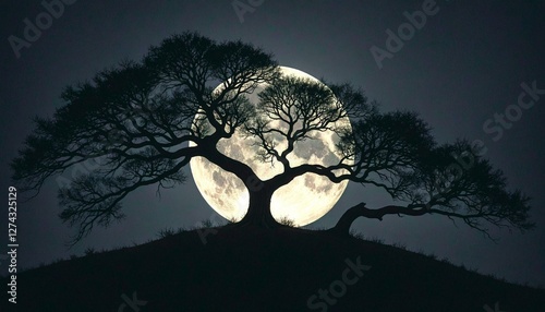 Full Moon Behind Silhouetted Tree at Night