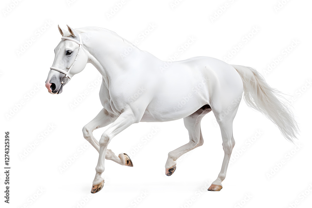White horse galloping isolated on white background White horse galloping isolated on white background