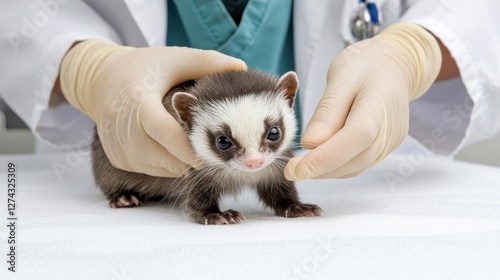 Veterinarian examining a baby ferret during a medical checkup
