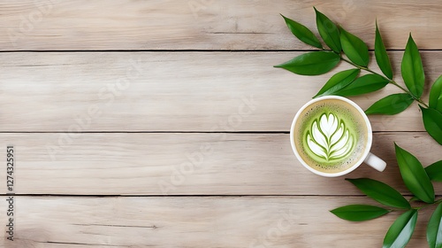 Wallpaper Mural Tranquil Green Tea Cup with Floral Latte Art Surrounded by Fresh Green Leaves on Wooden Table Torontodigital.ca