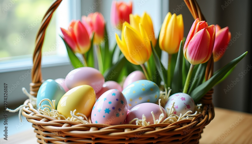 Easter basket with pastel eggs and fresh spring tulips in a vibrant celebration setting Easter basket with pastel eggs and fresh spring tulips in a vibrant celebration setting