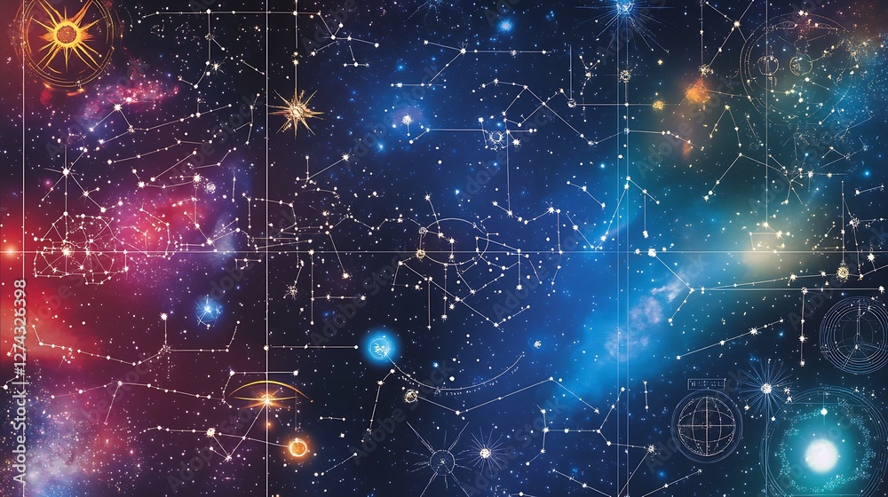 Obraz premium Cosmic Star Map with Constellations and Colorful Galactic Background in Deep Space Framework