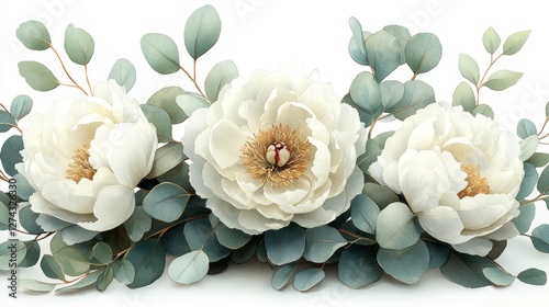 Elegant floral arrangement featuring white peonies and eucalyptus leaves against a soft backdrop