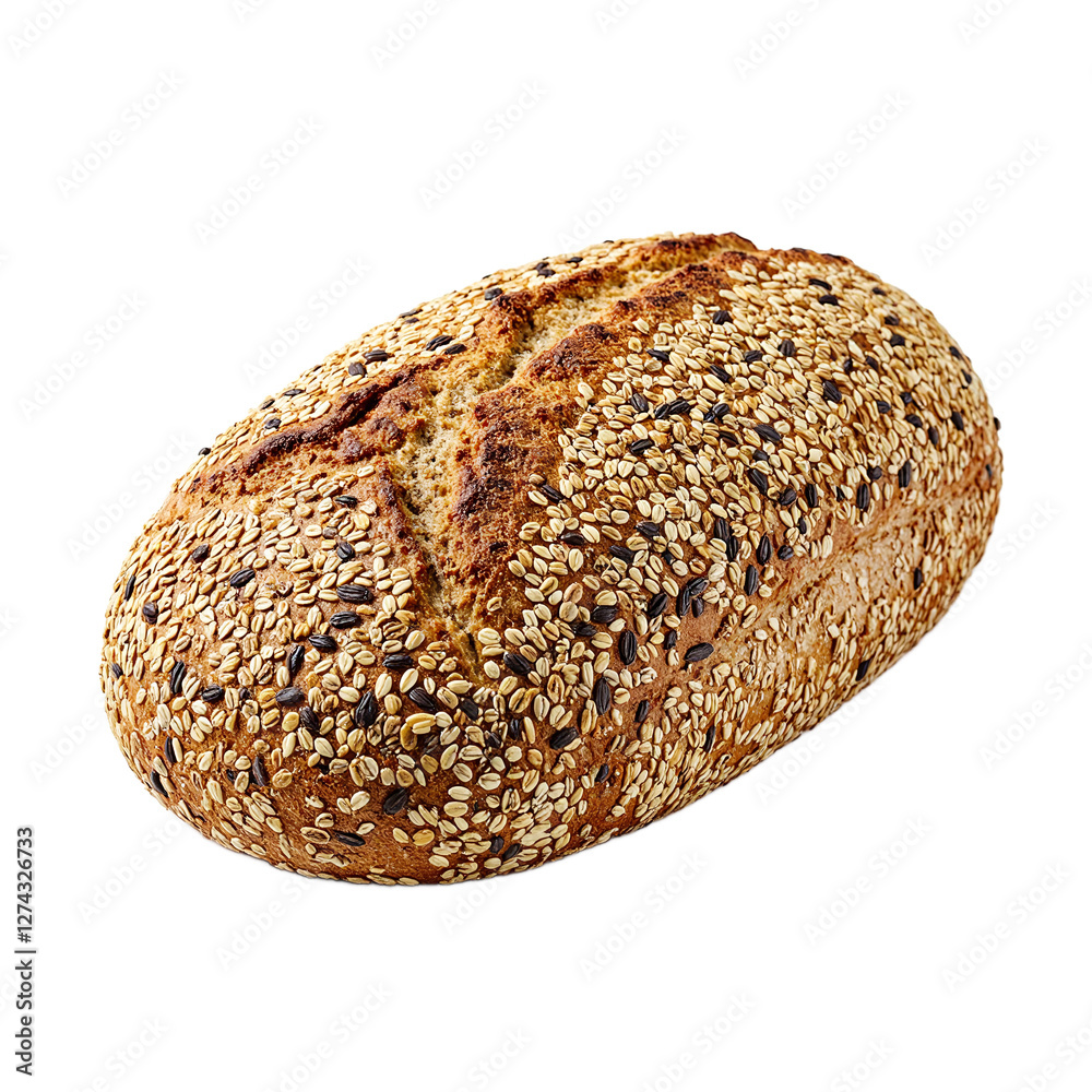 Freshly baked multigrain bread loaf with seeds and grains textured crust white backdrop Freshly baked multigrain bread loaf with seeds and grains textured crust white backdrop