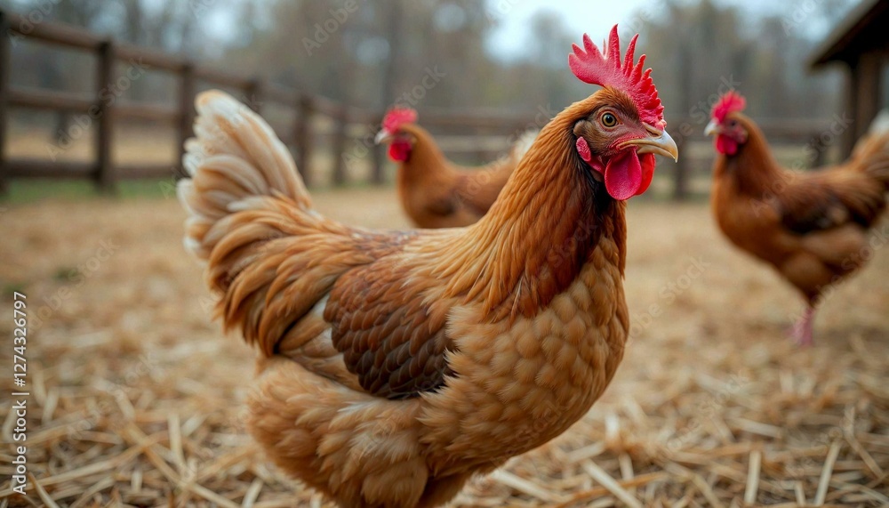 Fototapeta premium Brown Chicken with Red Crest in Barn Setting